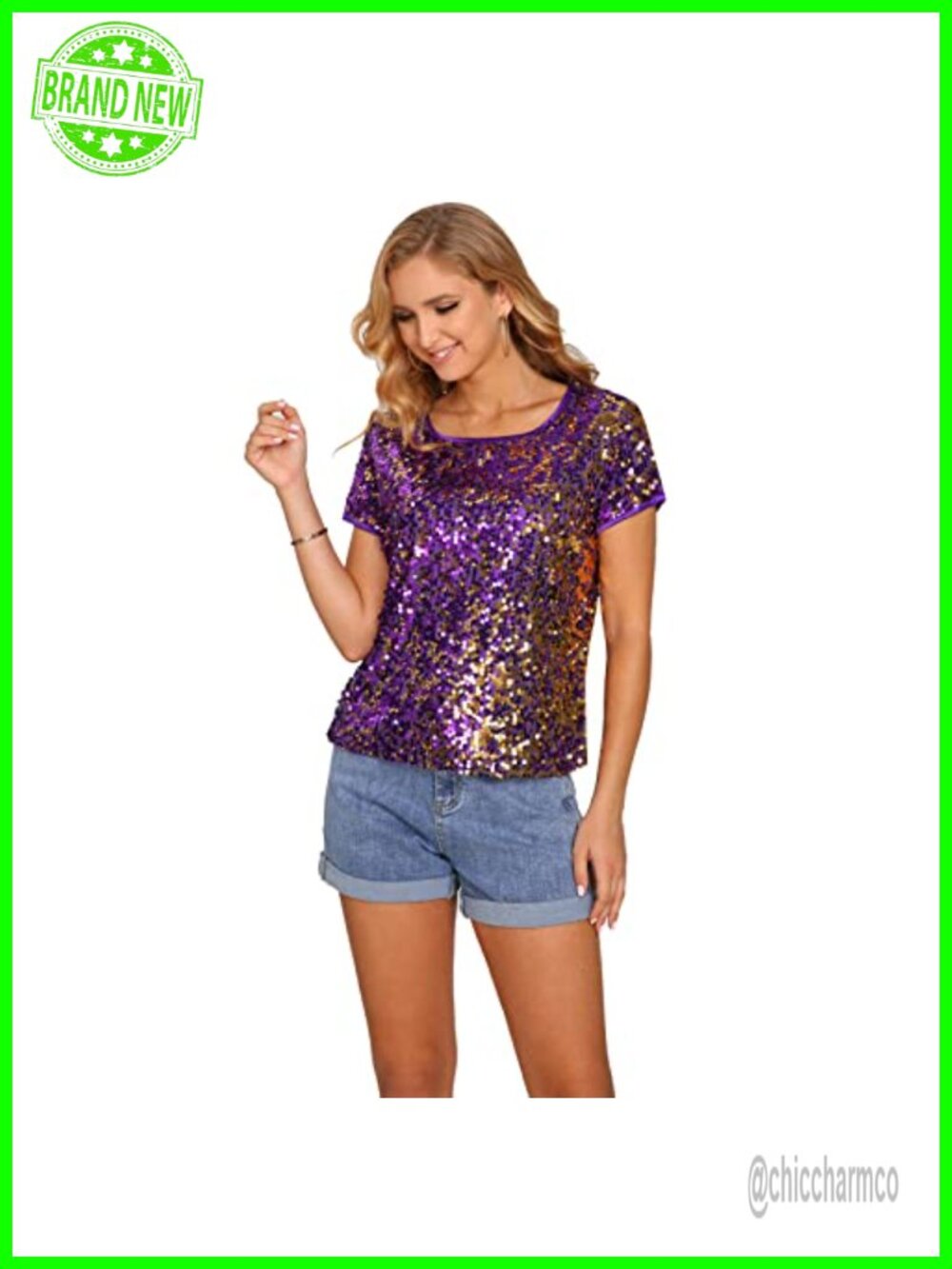 Womens Full Sequin Sparkle Tops Shimmer Glitter Short Sleeve Party Tunic
